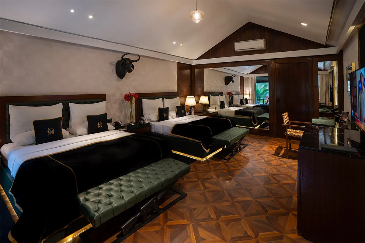 Interior of a 500 sq ft military-themed luxury glamping tent